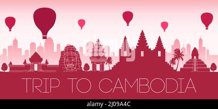 cambogia famoso stile silhouette punto di riferimento con testo all'interno, illustrazione vettoriale Illustrazione Vettoriale