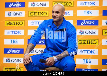 Belgrado, Serbia, 17th marzo 2022. Marcell Jacobs d'Italia durante i Campionati mondiali di atletica indoor Belgrado 2022 - Conferenza stampa a Belgrado, Serbia. Marzo 17, 2022. Credit: Nikola Krstic/Alamy Foto Stock