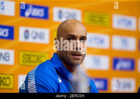 Belgrado, Serbia, 17th marzo 2022. Marcell Jacobs d'Italia durante i Campionati mondiali di atletica indoor Belgrado 2022 - Conferenza stampa a Belgrado, Serbia. Marzo 17, 2022. Credit: Nikola Krstic/Alamy Foto Stock