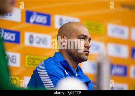 Belgrado, Serbia, 17th marzo 2022. Marcell Jacobs d'Italia durante i Campionati mondiali di atletica indoor Belgrado 2022 - Conferenza stampa a Belgrado, Serbia. Marzo 17, 2022. Credit: Nikola Krstic/Alamy Foto Stock