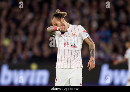 LONDRA, REGNO UNITO. MAR 17th Nemanja Gudelj di Siviglia gesticola durante la partita della UEFA Europa League tra West Ham United e Sevilla FC al London Stadium di Stratford giovedì 17th marzo 2022. (Credit: Federico Maranesi | MI News) Credit: MI News & Sport /Alamy Live News Foto Stock