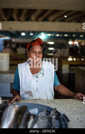Donna che vende pesce al mercato di Bazurto a Cartagena, Colombia Foto Stock