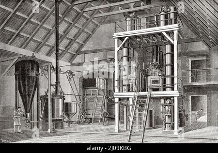 Distilleria di mele agricole del castello di Audor, conte di Dortan, che produce l'alcol ristificato del primo tiraggio, Francia, Europa. Vecchia illustrazione incisa del 19th secolo da la Nature 1899 Foto Stock