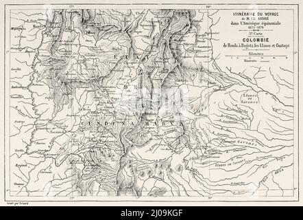 Itinerario di Edouard Francois Andre viaggio in America equinoziale 1875-1876. Colombia da Honda a Bogota, Los Llanos e Guataqui. Colombia. Sud America. Vecchio 19th secolo inciso illustrazione da viaggio in Colombia da Edward Francois Andre, le Tour du Monde 1877 Foto Stock