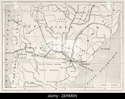 Mappa del viaggio da Montevideo in Uruguay a Santa Rosa in Cile realizzato da Desiré Charnay nel 1876. Sud America. Attraverso le Pampas e la Cordillera, da Montevideo a Santa Rosa (Cile) di Desiré Charnay, 1876 Foto Stock