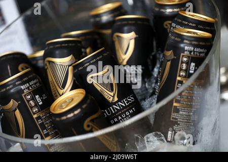 Vista generale di una pinta di Guinness e lattine di Guinness in un hotel a Sussex, Regno Unito. Foto Stock