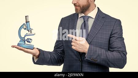 imbragare metodo scientifico. scienza e commercio. medicina unica invenzione. uomo d'affari Foto Stock