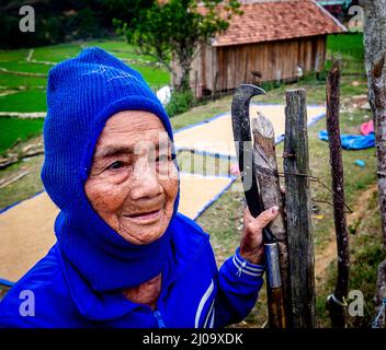 Ritratto di una signora vietnamita che vive in questo piccolo villaggio nelle Highlands centrali. Di fronte al riso che è stato raccolto ed asciugando dietro di lei. Foto Stock