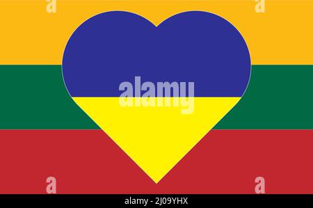 Un cuore dipinto nei colori della bandiera Ucraina sulla bandiera della Lituania. Illustrazione di un cuore blu e giallo sul simbolo nazionale. Foto Stock