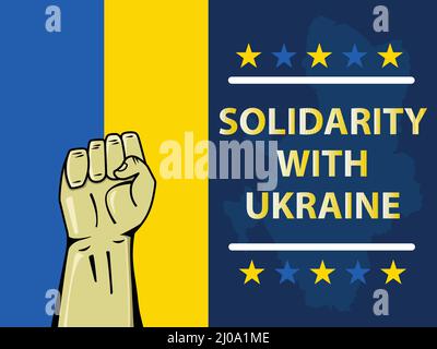 Banner design per la solidarietà con l'Ucraina, con colori blu e giallo e un pugno. La mappa Ucraina sullo sfondo. La bandiera è verticale. Illustrazione Vettoriale