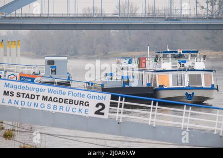 Magdeburg, Germania. 17th Mar 2022. Una nave della Magdeburg White Fleet è ormeggiata allo sbarco di Petriförder. L'inizio della pre-stagione 2022 è previsto per il 19 marzo 2022. La flotta comprende tre navi e due traghetti. Credit: Klaus-Dietmar Gabbert/dpa-Zentralbild/dpa/Alamy Live News Foto Stock