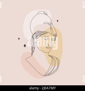 Scultura greca antica. Testa lineare di Athena. Statua antica della dea. Illustrazione vettoriale alla moda con stile di disegno a linea singola. Busto femminile minimalista Illustrazione Vettoriale