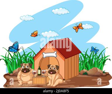 Due cani bevendo vino dalla doghouse illustrazione Illustrazione Vettoriale