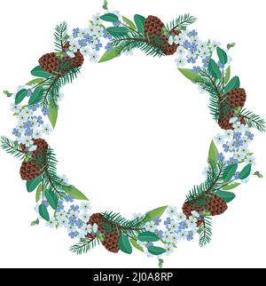 La corona di piccolo blu non mi dimentichi di fiori con aghi e coni di abete rosso. Composizione a fiore primaverile o cornice con foglie. Decorazione festiva per matrimonio, vacanza e cartolina. Illustrazione vettoriale Illustrazione Vettoriale