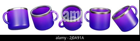 Set di 3D icone viola della tazza isolate su sfondo bianco. 5 diverse angolazioni realistiche viola tazza di bevande icone per il web o app. 3d rendering. Foto Stock