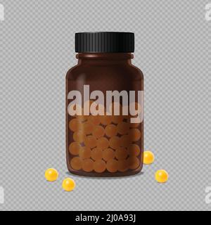 Flacone di vetro medico marrone chiuso e draga di vitamina gialla sparsa su sfondo trasparente illustrazione vettoriale realistica Illustrazione Vettoriale