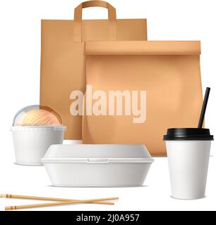 Concetto di progettazione di confezioni per alimenti veloci con sacchetti di carta in contenitori di plastica e bicchieri per bevande e gelato illustrazione vettoriale realistica Illustrazione Vettoriale