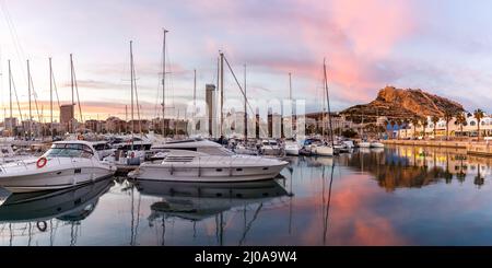 Alicante Port d'Alacant marina con barche e vista del castello Castillo viaggio serale viaggio vacanze vacanze vacanza Mediterraneo panorama in Spagna Foto Stock