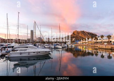 Alicante Port d'Alacant marina con barche e vista del castello Castillo viaggio serale vacanze vacanze vacanze mare Mediterraneo in Spagna Foto Stock