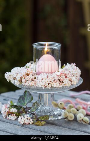 romantica decorazione floreale con fiori di rosa guelder e candela Foto Stock