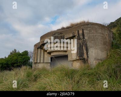 Antica fortificazione in cemento abbandonata realizzata nel WW2 per proteggere le pistole costiere, circondata da vegetazione Foto Stock