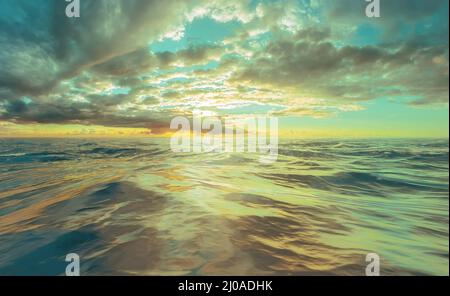 Radunando nuvole di tempesta all'alba o al tramonto si riflette su acqua increspata Foto Stock