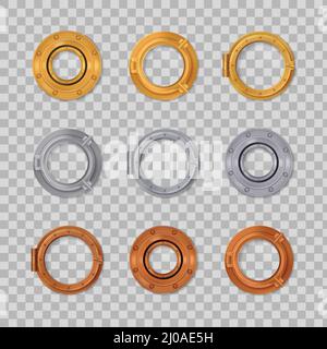 Oblò realistico trasparente colorato icone Set oro argento e bronzo nella figura vettoriale a forma rotonda Illustrazione Vettoriale