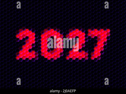 Segno dell'anno 2027 con griglia di pixel esadecimali. Numero o cifre di Capodanno per la carta o il calendario delle feste. Illustrazione Vettoriale