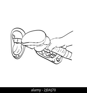 linea art mano che tiene un vettore di illustrazione dell'ugello carburante disegnato a mano isolato su sfondo bianco Illustrazione Vettoriale