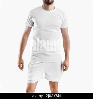 Mockup di pantaloncini bianchi sciolti con fodera a compressione, mutande, t-shirt su un uomo sportivo con barba, per design, motivo, parte anteriore. Tuta sportiva t Foto Stock