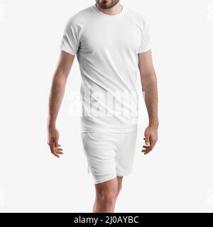 Modello tuta bianca, pantaloncini con linea di compressione mutande, t-shirt uomo, isolato sullo sfondo. Texture abbigliamento mockup per lo sport, corsa, Foto Stock