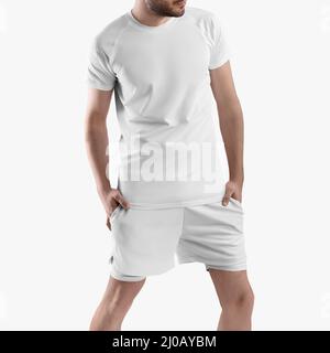 Modello di tuta bianca su uomo sportivo, pantaloncini con linea di compressione mutande, t-shirt, isolato sullo sfondo. Sportswear mockup per correre su Foto Stock