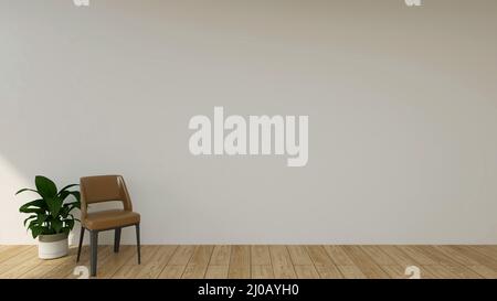 Camera mockup con una parete vuota, una sedia marrone, e una pianta. 3d rendering. 3d illustrazione Foto Stock