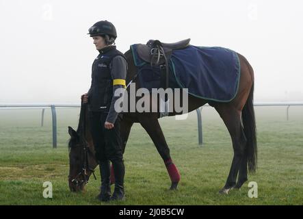 Jockey Rachael Blackmore e Un Plus Tard sulle galoppe durante il quarto giorno del Cheltenham Festival all'ippodromo di Cheltenham. Data foto: Venerdì 18 marzo 2022. Foto Stock