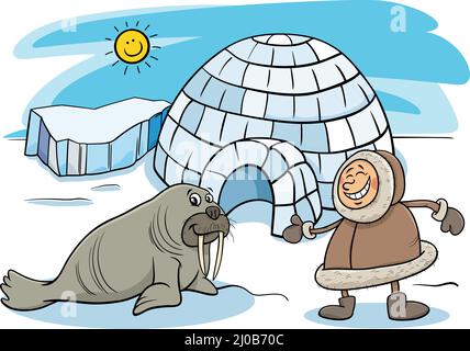 Illustrazione cartoon di personaggi Eskimo o Lapp man con la sua casa Igloo e il valro Illustrazione Vettoriale