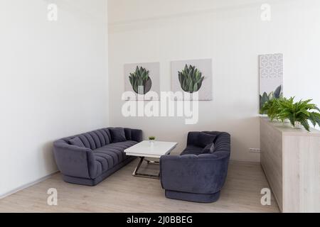 Minsk, Bielorussia - 15 dicembre 2021: Foto di due divani viola scuro, un tavolino da caffè, dipinti con fiori e piante verdi in ufficio. Interno in Foto Stock