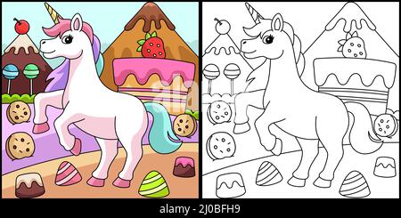 Unicorn in Candy Land colorazione pagina colorata Illustrazione Vettoriale