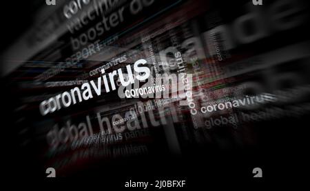 Notizie sui titoli dei media internazionali con la crisi epidemica del coronavirus. Concetto astratto dei titoli di notizie del Internet trasmessi sugli schermi 3D ill Foto Stock