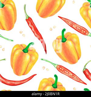 Peperoncino rosso e giallo dolce. Illustrazione dell'acquerello. Isolato su sfondo bianco. Per i vostri libri di cucina di disegno, ricette, grembiuli. Foto Stock
