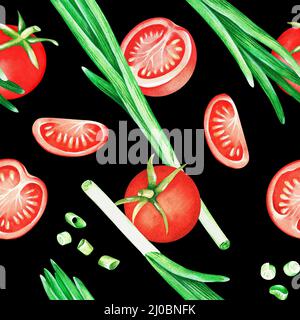 Ripetizione senza giunture. Pomodori e cipolla verde. Illustrazione dell'acquerello. Isolato su sfondo nero. Per libri di cucina di disegno, ricette, grembiuli. Foto Stock