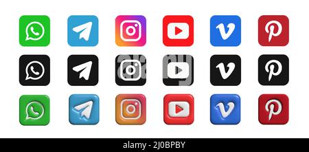Set di logo per i social media. Icone dei social media 3D. 3D vettore. Illustrazione Vettoriale