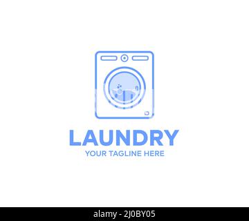 Moderna lavatrice con logo lavanderia. Lavanderia, asciugatrice, lavatrice vettoriale e illustrazione. Foto Stock
