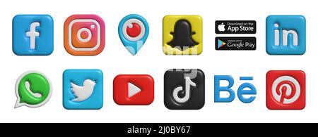 Set di logo per i social media 3D. Set popolare di reti sociali. 3D vettore. Illustrazione Vettoriale