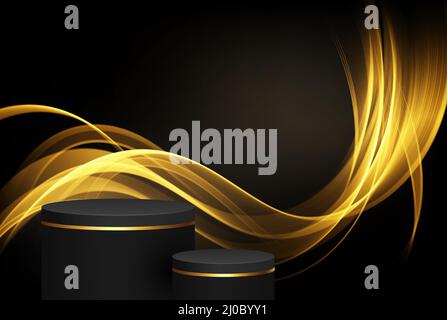 Lussuoso podio nero e oro, palco con glitter oro e onda trasparente astratta oro, camera scura. Prodotti promozionali dimostrativi. Illustrazione Vettoriale