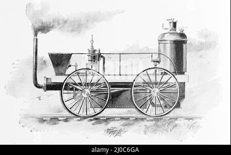 La nuova locomotiva a vapore costruita da John Ericsson nel 1829 per competere con il Rocket di Stephenson. Illustrazione in bianco e nero; Foto Stock