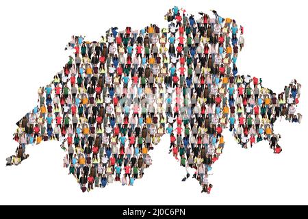 Svizzera mappa persone gruppo persone gruppo persone multiculturale Foto Stock