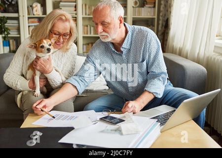 Coppia anziana con un cane che fa contabilità insieme e pianificare il finanziamento della loro fornitura di vecchiaia Foto Stock