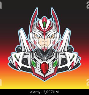 Furious Cyborg e-Sport Logo design in cartoon mecha style.for gamer, TOY industry, game character, social media profile avatar,comic,mascot Illustrazione Vettoriale