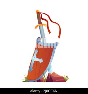 Scudo e spada grande isolato su sfondo bianco. Illustrazione Vettoriale