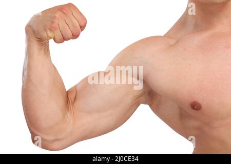 Bicipite forza forte potenza muscoli uomo bodybuilder bodybuilding muscolare giovane cutout Foto Stock